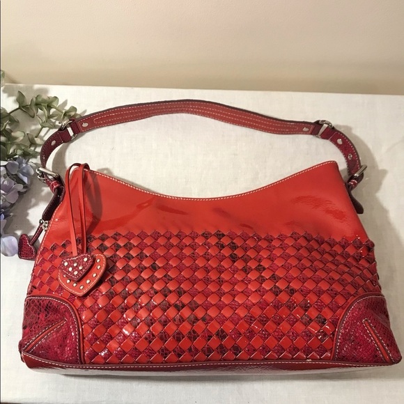Vintage Sharif Red Woven Leather Hobo Bag Hearts - Picture 1 of 9